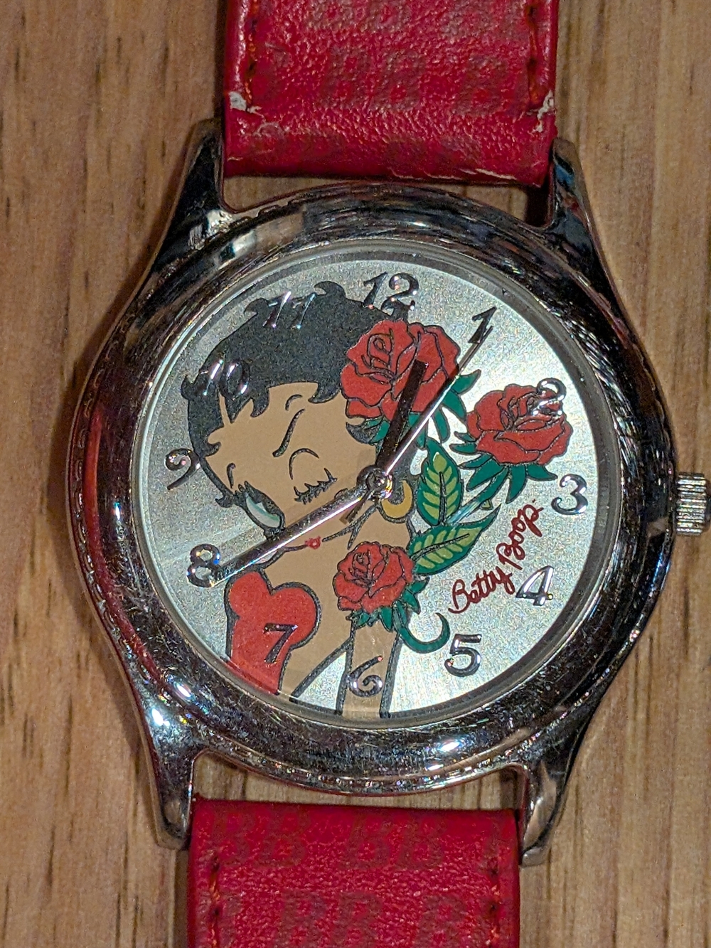 Betty Boop Silver Dial Watch with Red Strap and Red Roses